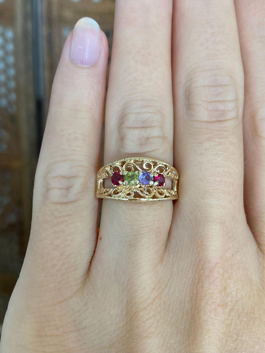 Vintage Solid 14k Yellow Gold Pink Spinel Peridot Amethyst Filigree Ring Band - Size 5.75