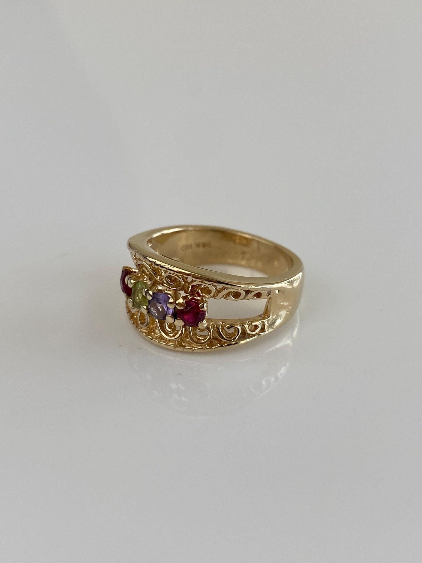 Vintage Solid 14k Yellow Gold Pink Spinel Peridot Amethyst Filigree Ring Band - Size 5.75