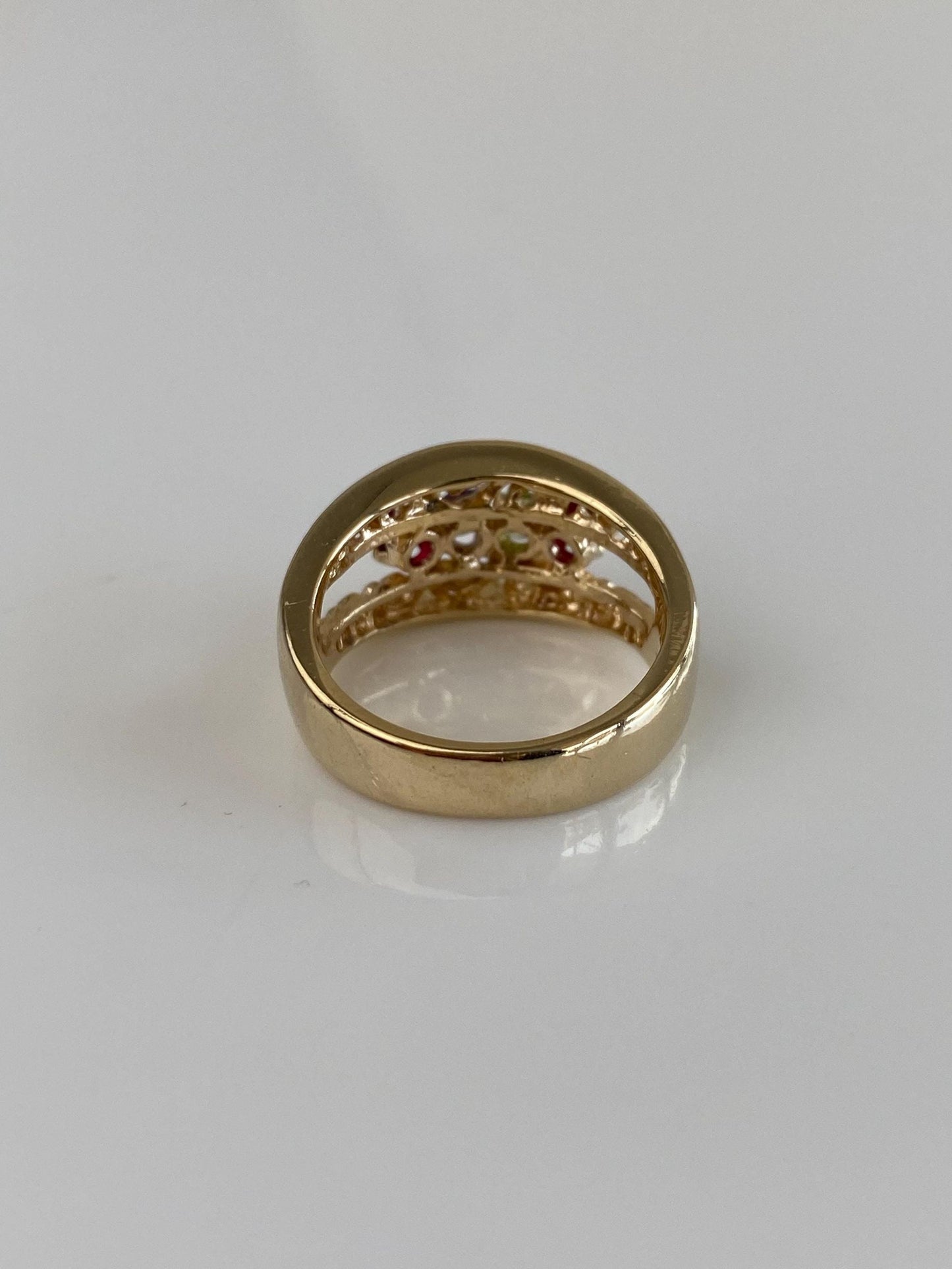 Vintage Solid 14k Yellow Gold Pink Spinel Peridot Amethyst Filigree Ring Band - Size 5.75