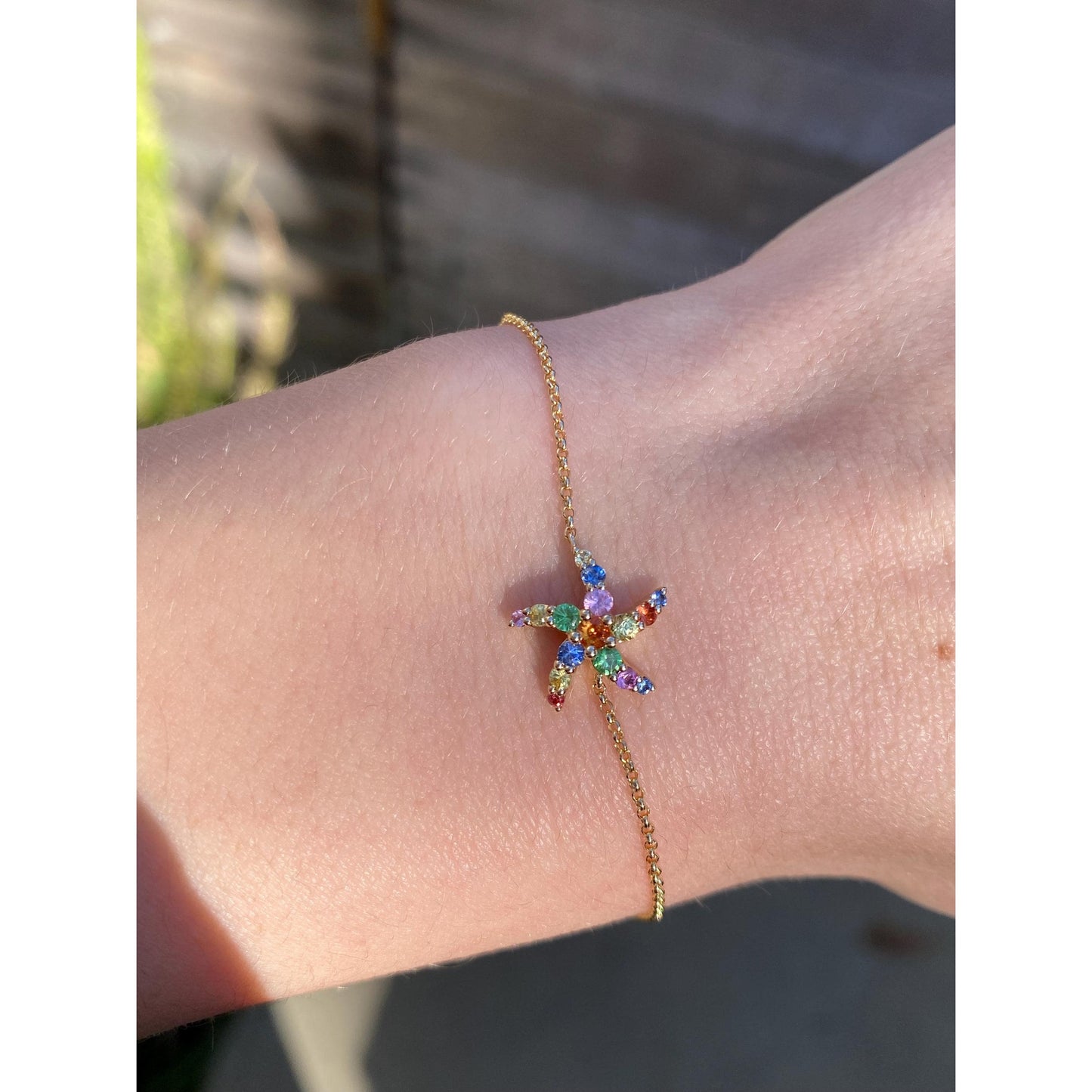 Solid 14k Yellow Gold Colored Sapphire Spinel Starfish Tight Rolo Bracelet - 7.5 inches