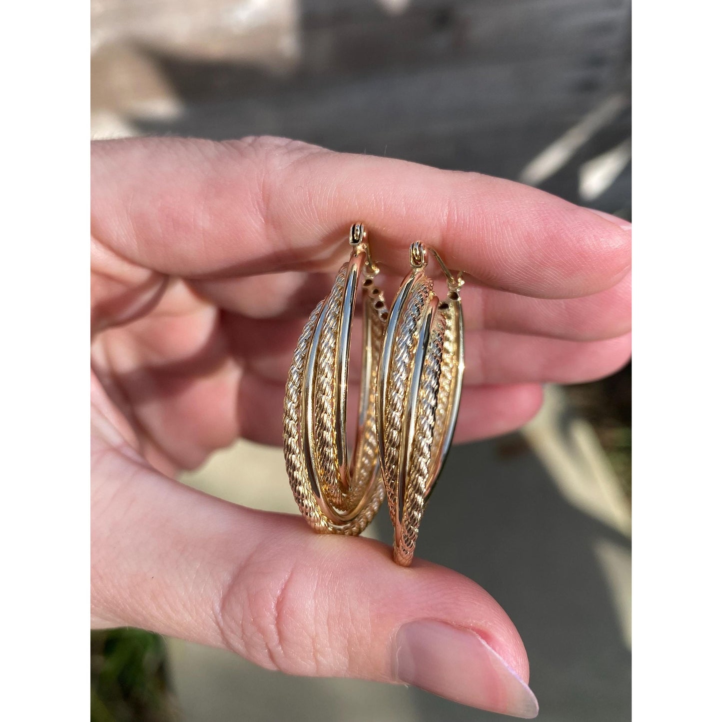 Vintage 14k Yellow Gold Layered Rope Oval Hoop Earrings
