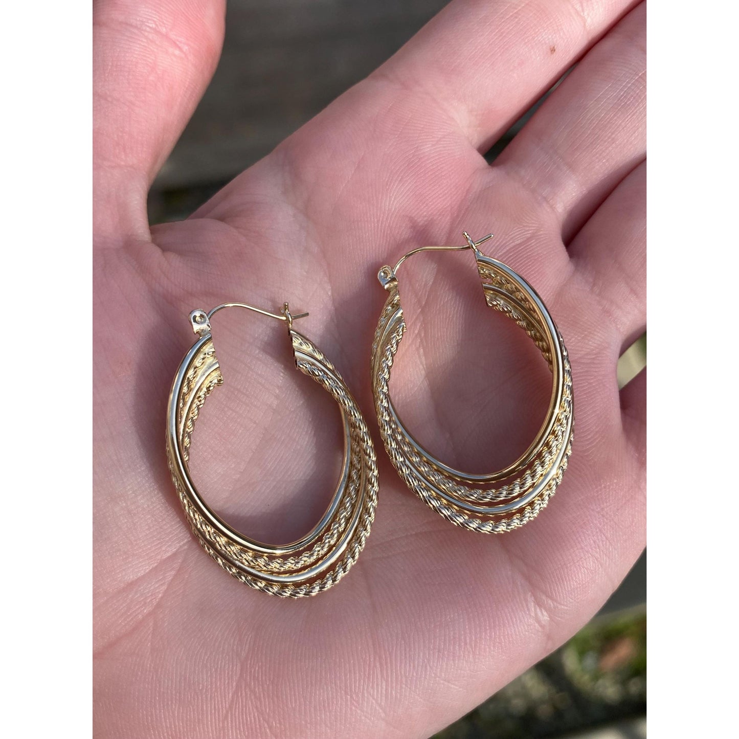 Vintage 14k Yellow Gold Layered Rope Oval Hoop Earrings