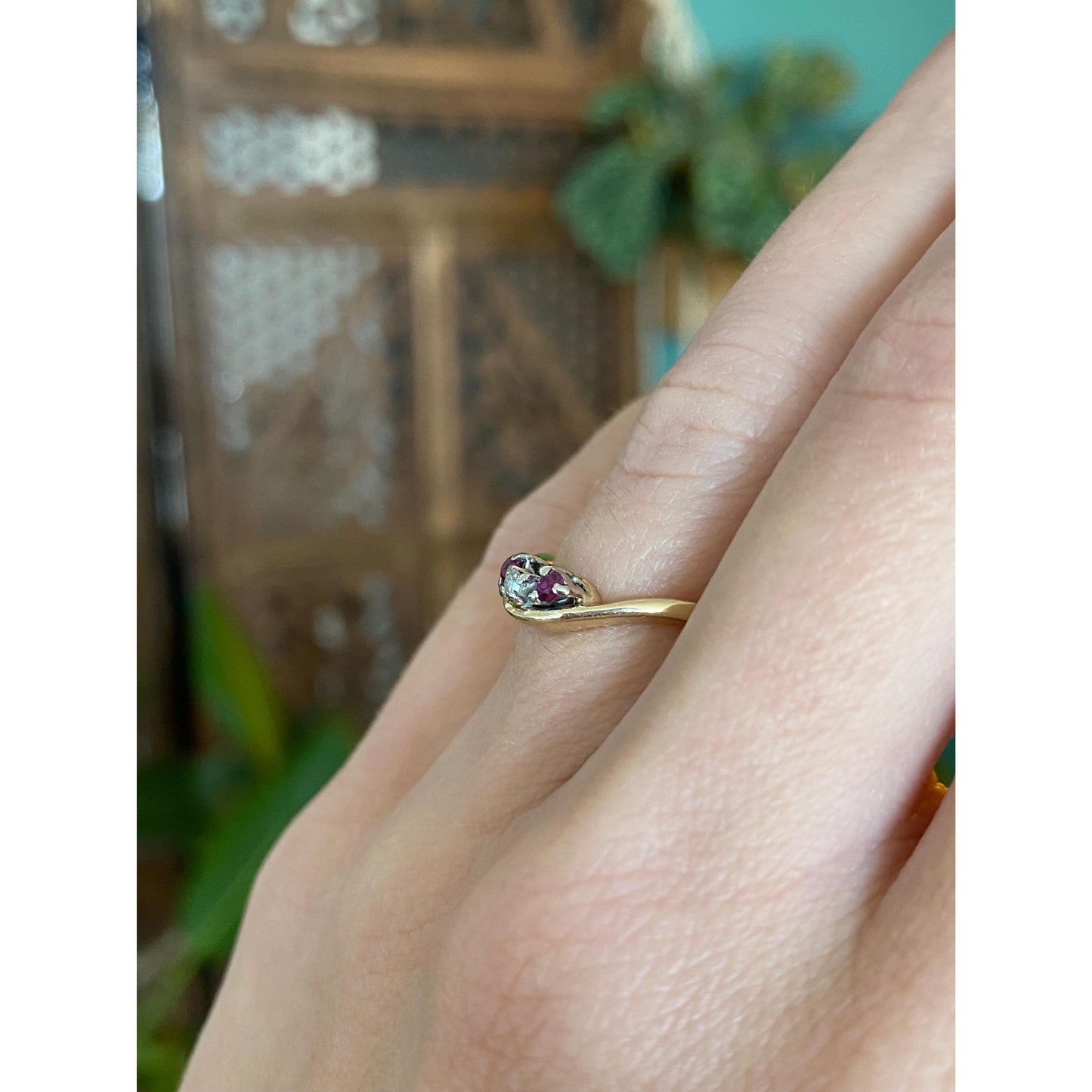 Solid 14k Yellow Gold Pink Spinel Clear Sapphire Ring - Size 5