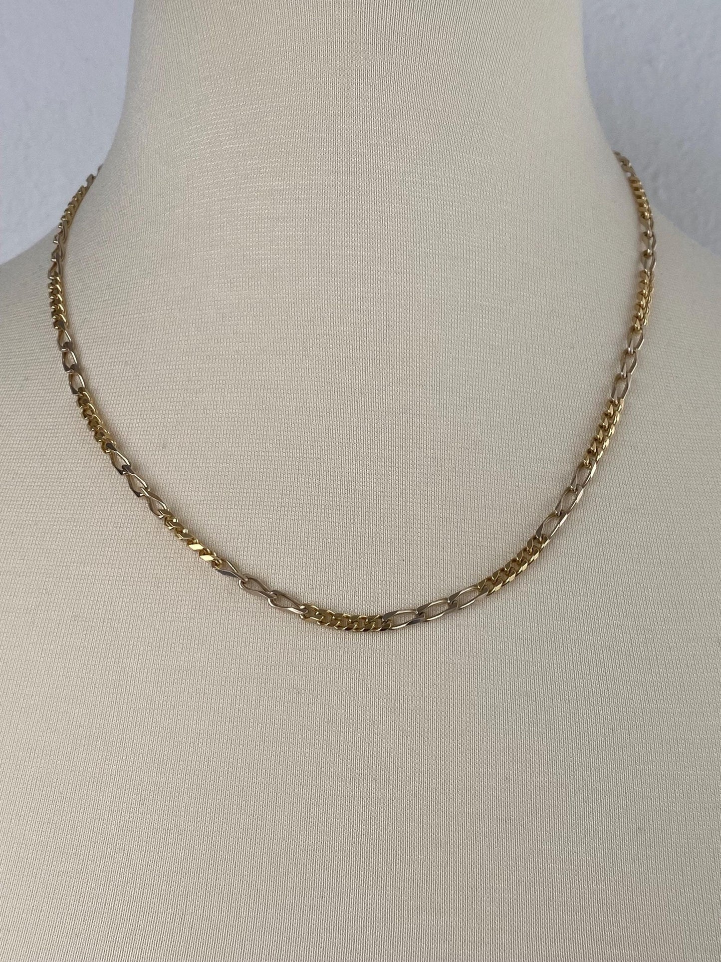Vintage Solid 18k White & Yellow Gold Figaro Chain Necklace - 20.5 inches
