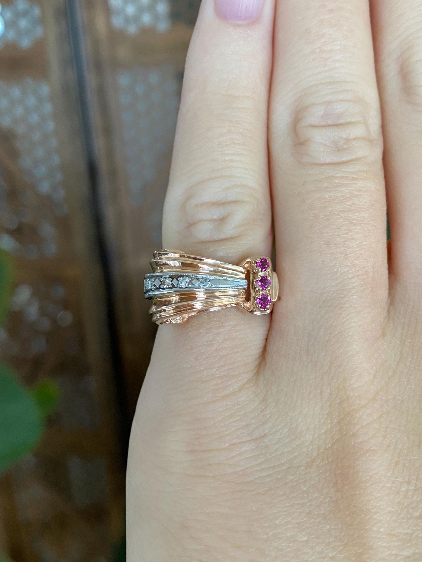 Vintage Solid 14k Rose & White Gold Diamond Pink Spinel Design Ring - Size 3.75