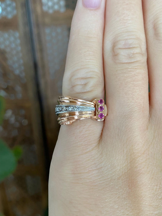 Vintage Solid 14k Rose & White Gold Diamond Pink Spinel Design Ring - Size 3.75
