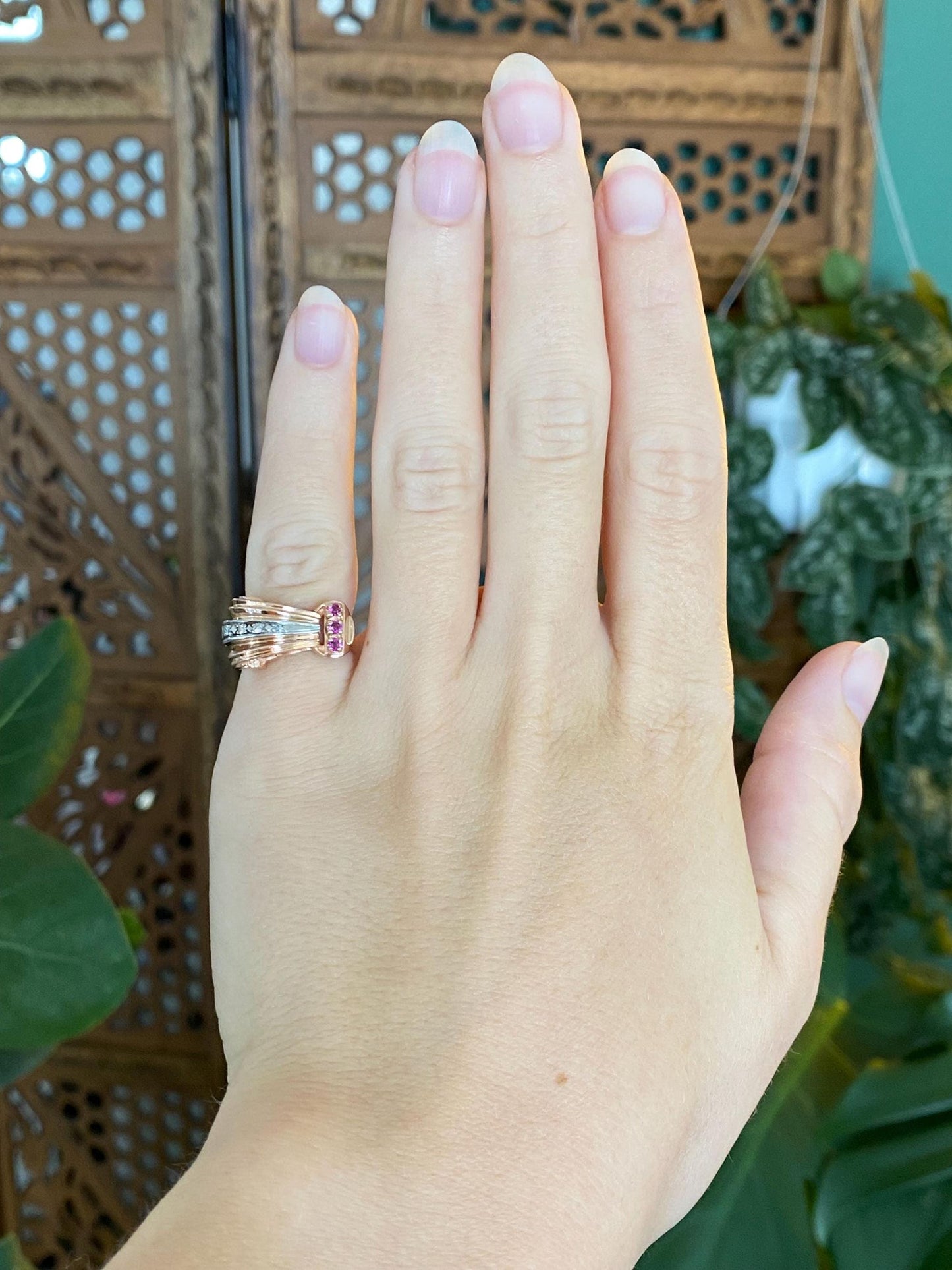 Vintage Solid 14k Rose & White Gold Diamond Pink Spinel Design Ring - Size 3.75