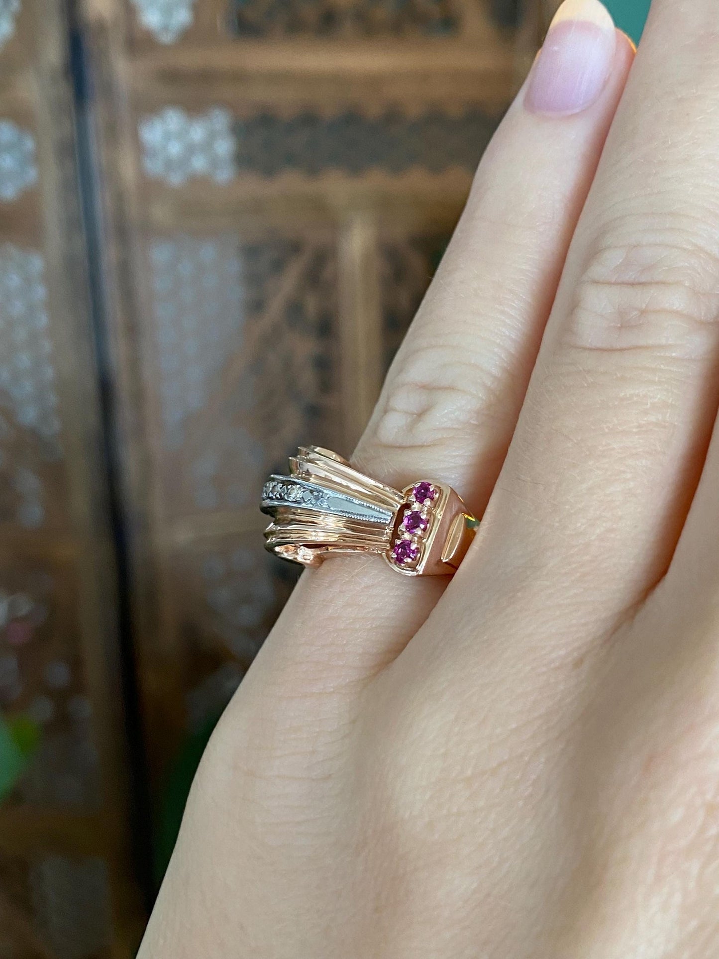 Vintage Solid 14k Rose & White Gold Diamond Pink Spinel Design Ring - Size 3.75