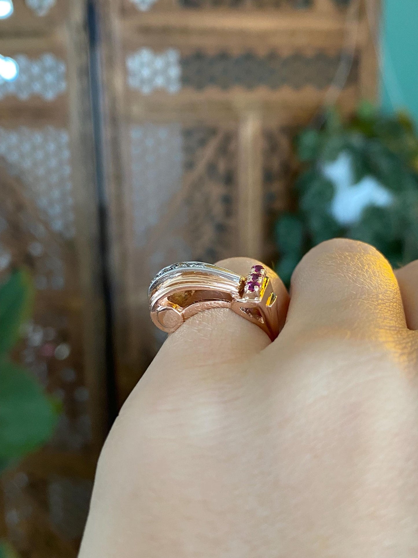 Vintage Solid 14k Rose & White Gold Diamond Pink Spinel Design Ring - Size 3.75
