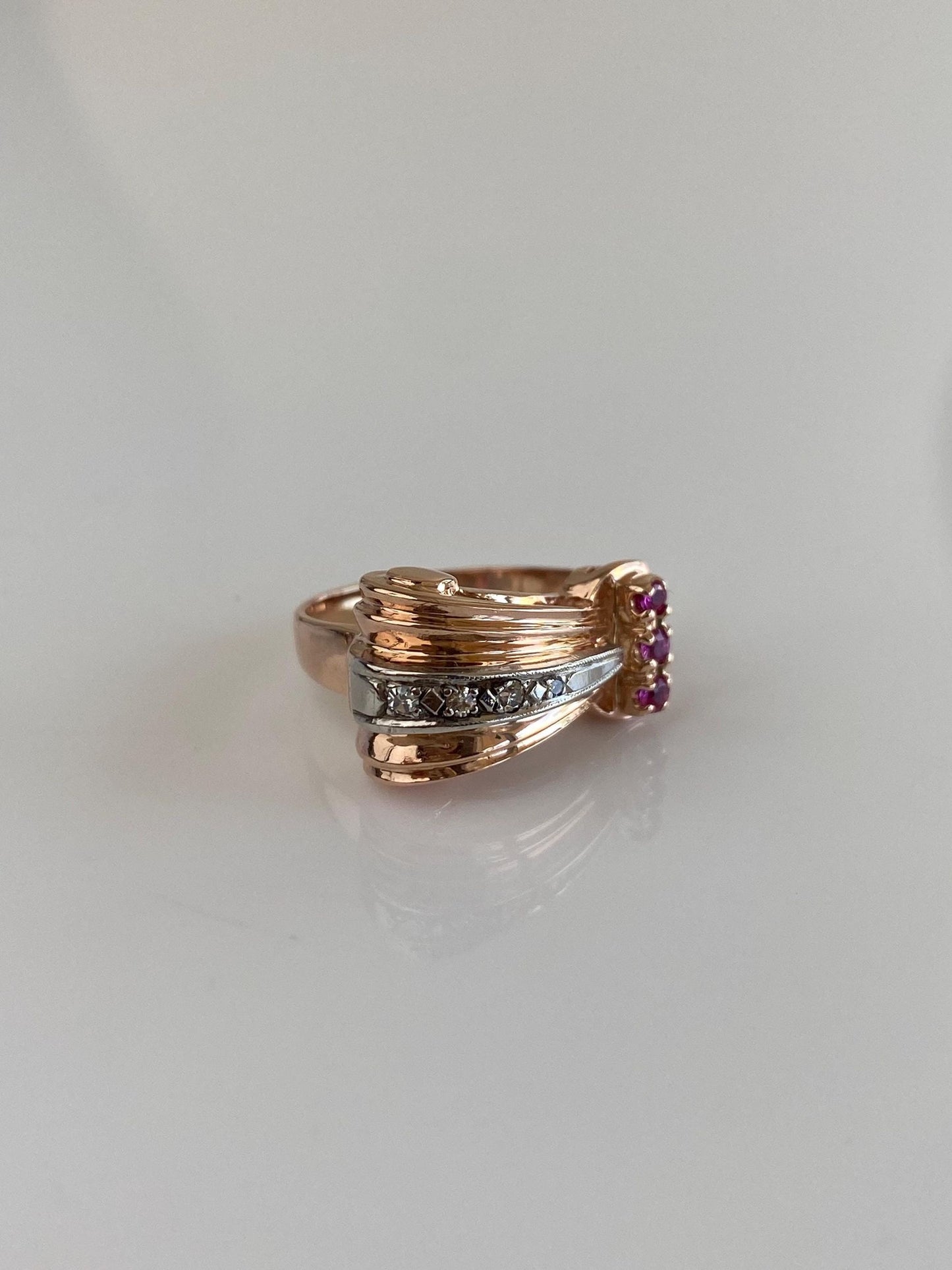 Vintage Solid 14k Rose & White Gold Diamond Pink Spinel Design Ring - Size 3.75