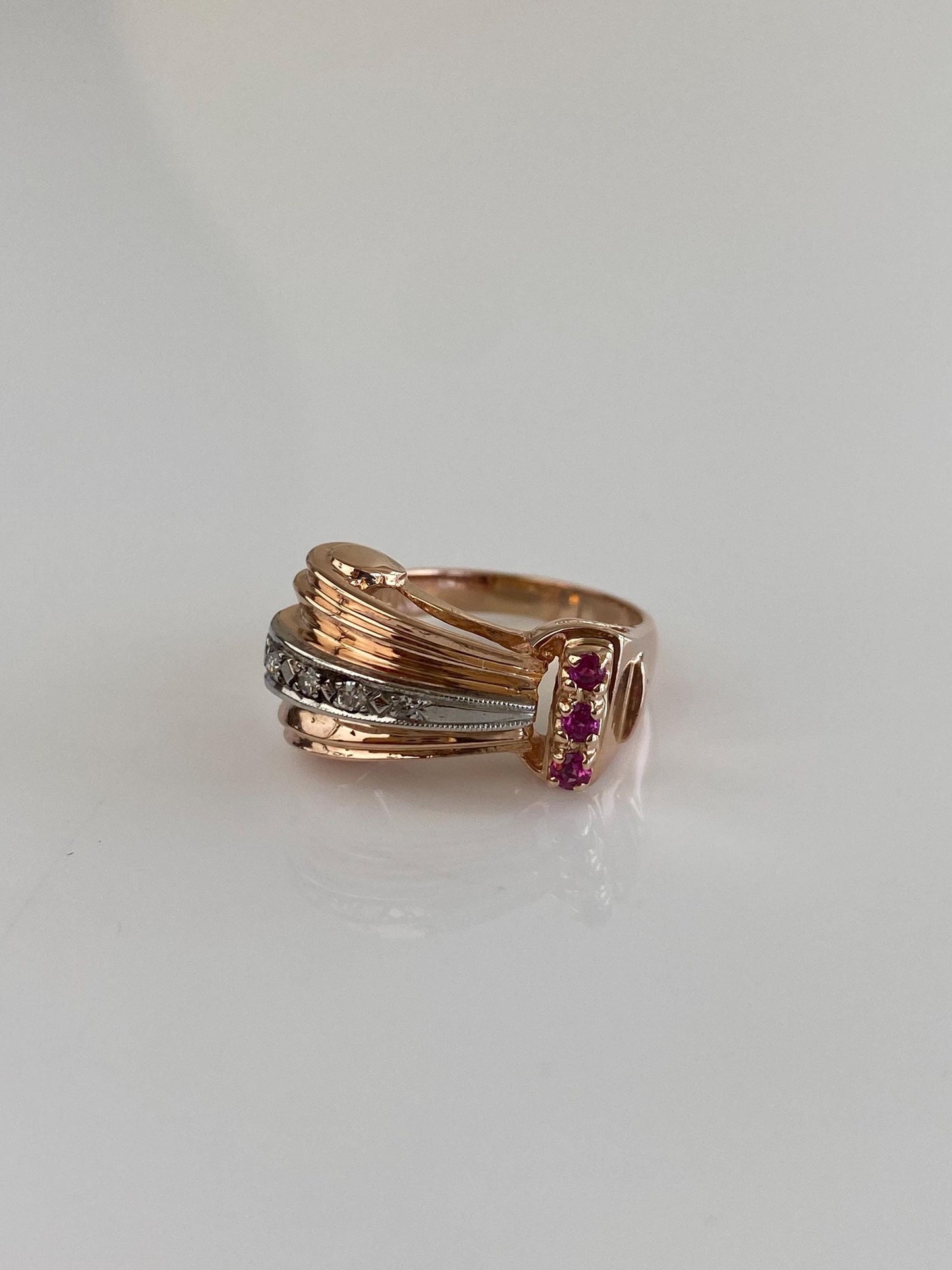 Vintage Solid 14k Rose & White Gold Diamond Pink Spinel Design Ring - Size 3.75