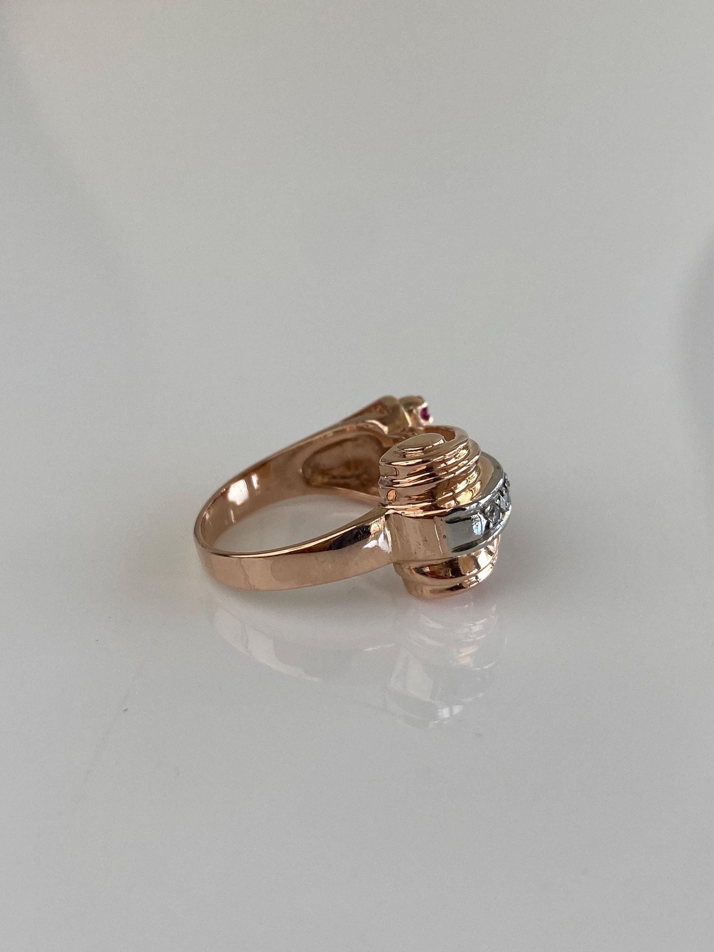 Vintage Solid 14k Rose & White Gold Diamond Pink Spinel Design Ring - Size 3.75