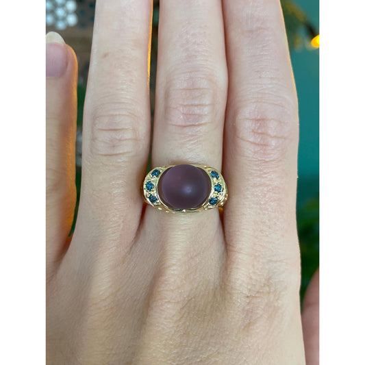Vintage Solid 14k Yellow Gold Blue Diamond Frosted Amethyst Sphere Ring - Size 5.75