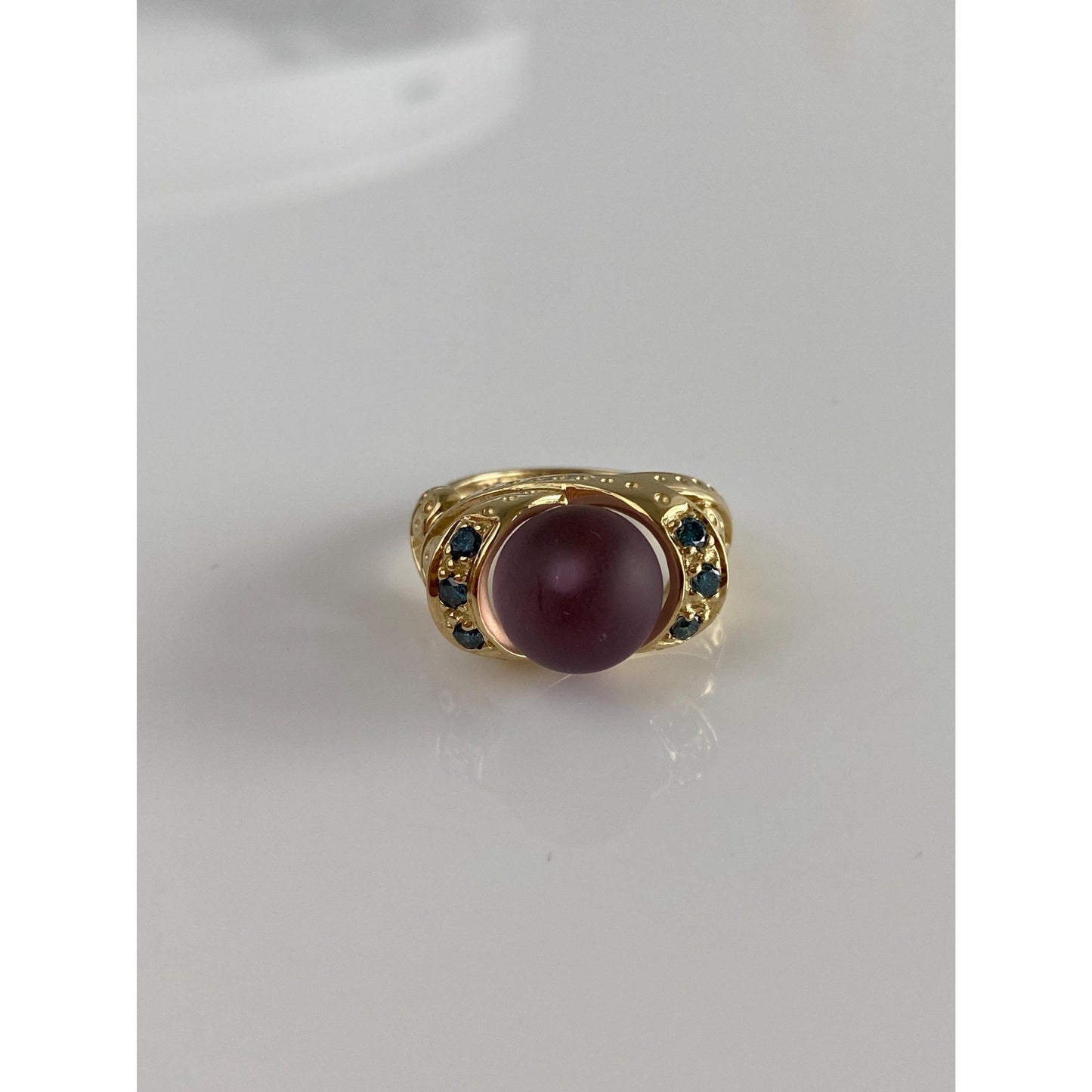 Vintage Solid 14k Yellow Gold Blue Diamond Frosted Amethyst Sphere Ring - Size 5.75