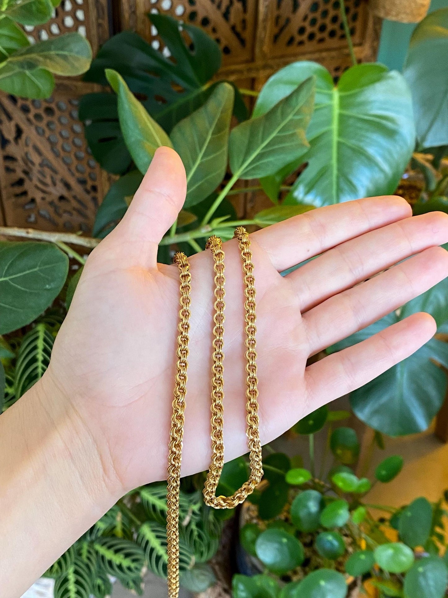 Vintage Solid 18k Yellow Gold Long Fancy Rolo Chain Necklace - 34.5 inches