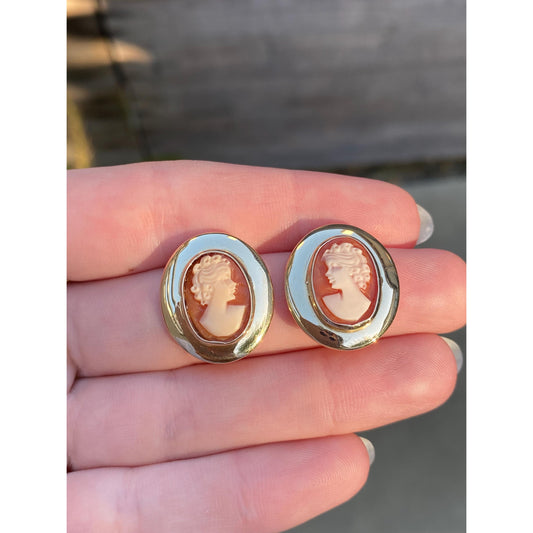Vintage Solid 14k Yellow Gold Cameo Stud Earrings
