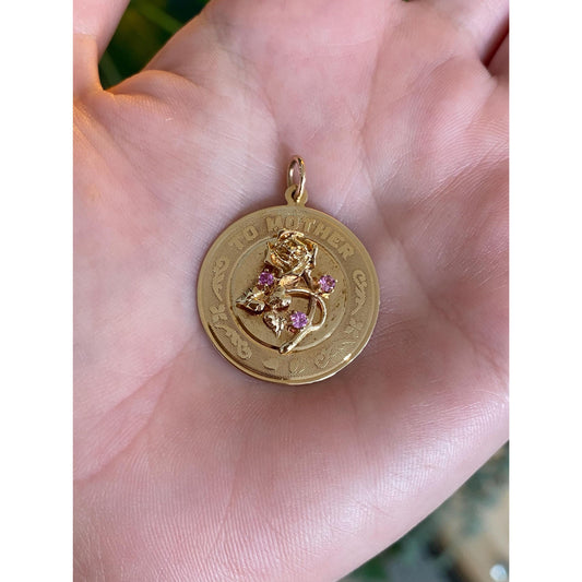 Vintage Solid 14k Yellow Gold Pink Spinel To Mother Flowers Charm