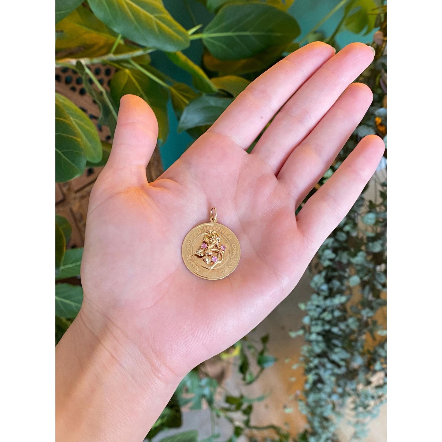 Vintage Solid 14k Yellow Gold Pink Spinel To Mother Flowers Charm