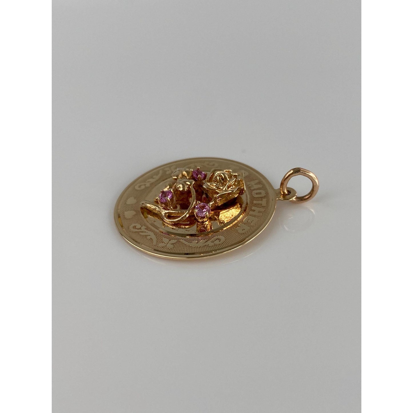 Vintage Solid 14k Yellow Gold Pink Spinel To Mother Flowers Charm