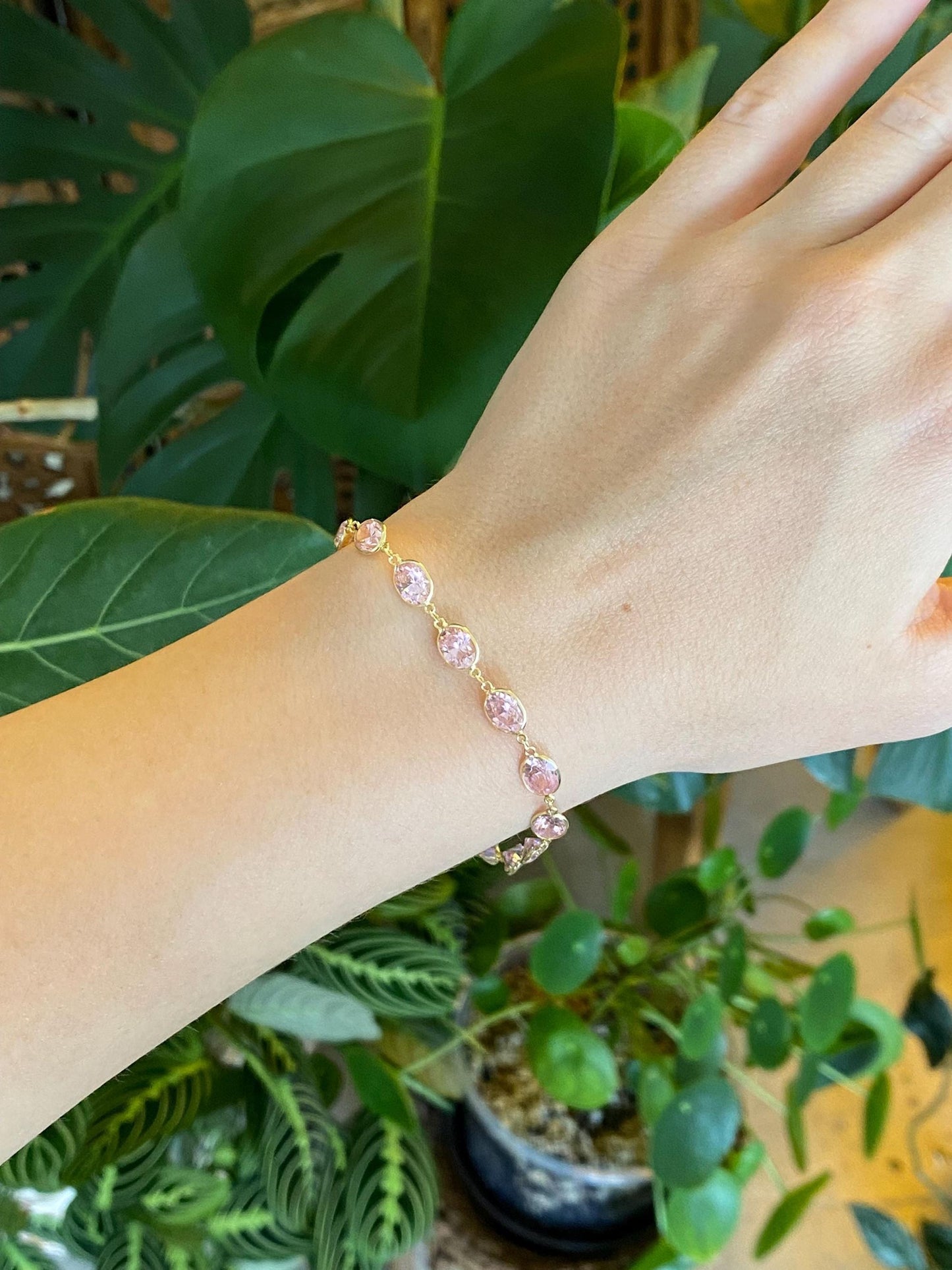 Vintage Solid 10k Yellow Gold Pink Cubic Zirconia Link Bracelet - 7.25 inches