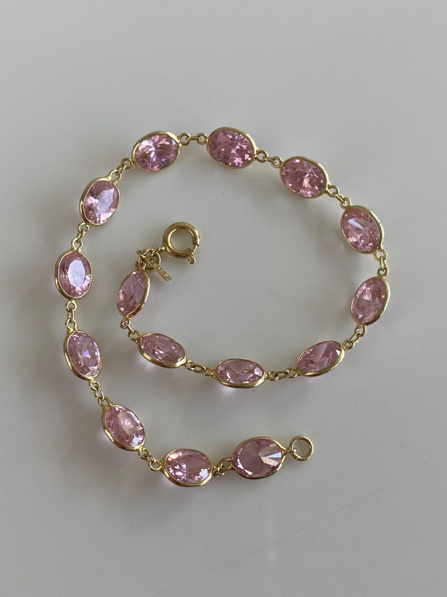 Vintage Solid 10k Yellow Gold Pink Cubic Zirconia Link Bracelet - 7.25 inches