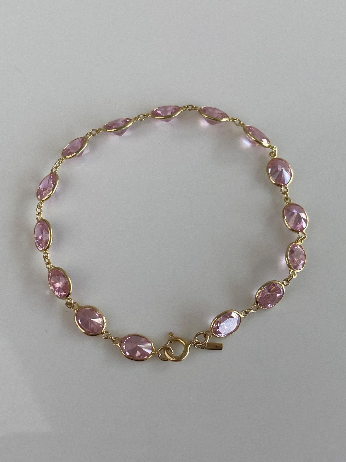 Vintage Solid 10k Yellow Gold Pink Cubic Zirconia Link Bracelet - 7.25 inches