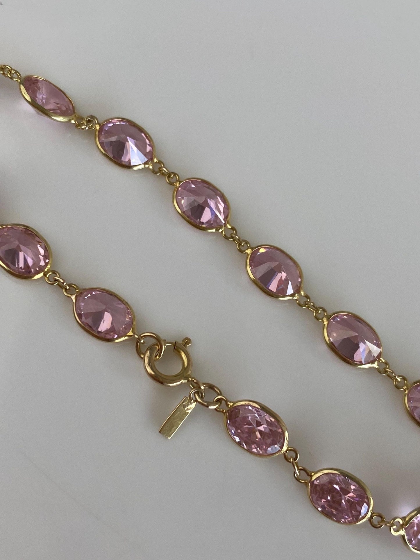 Vintage Solid 10k Yellow Gold Pink Cubic Zirconia Link Bracelet - 7.25 inches