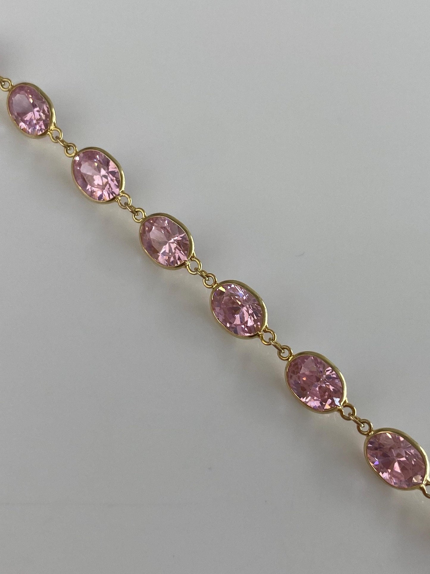 Vintage Solid 10k Yellow Gold Pink Cubic Zirconia Link Bracelet - 7.25 inches