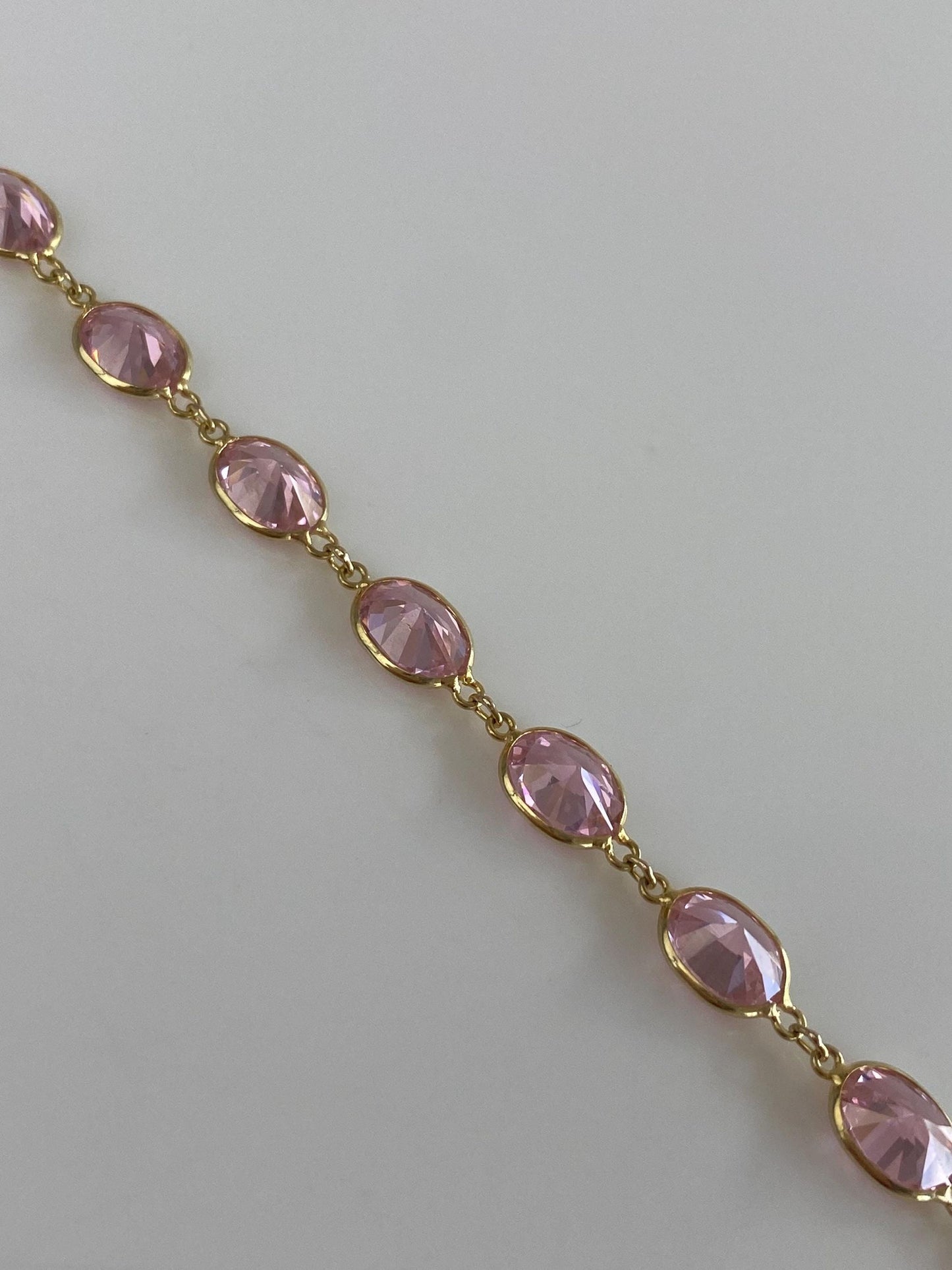 Vintage Solid 10k Yellow Gold Pink Cubic Zirconia Link Bracelet - 7.25 inches