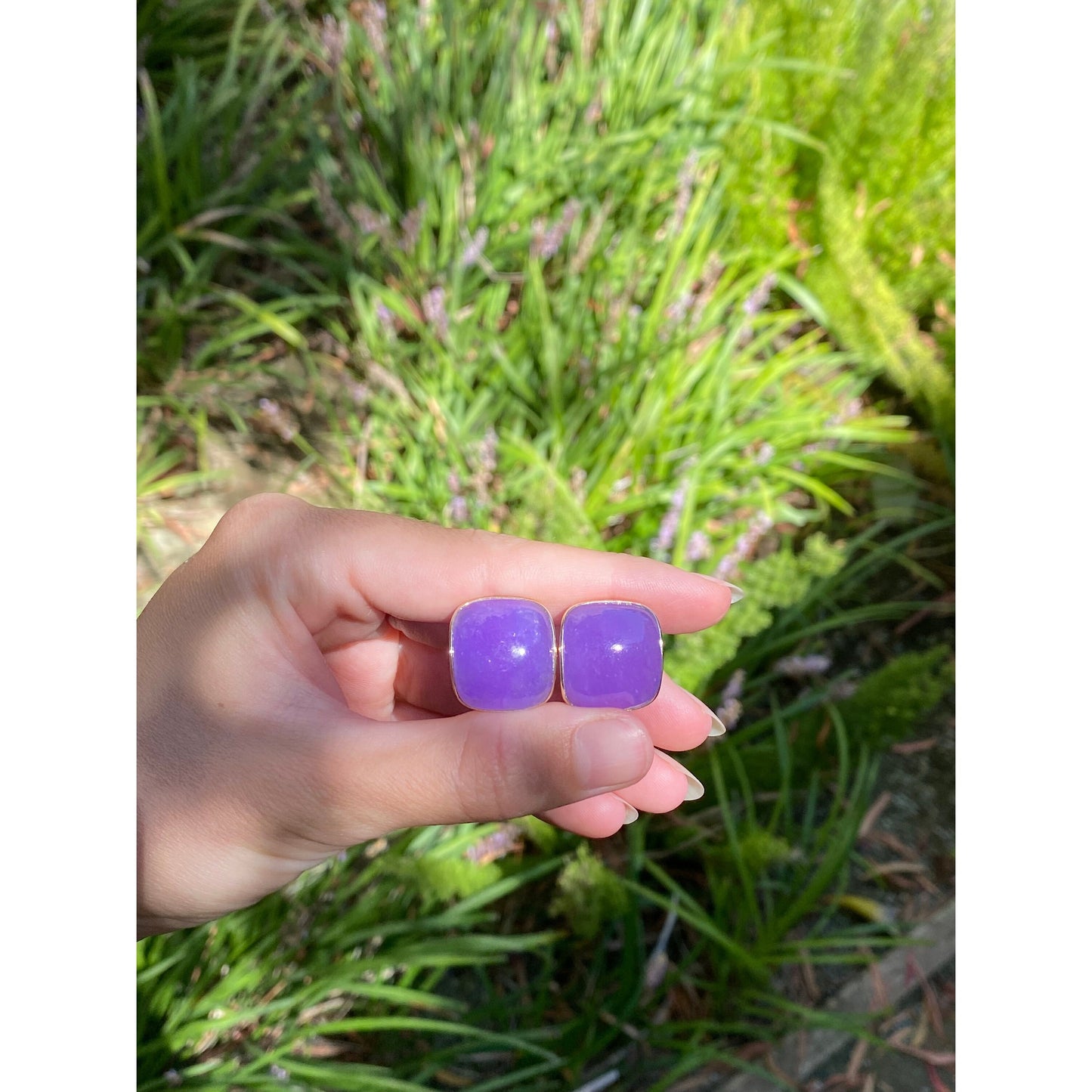 Vintage Solid 14k Yellow Gold Purple Stone Stud Earrings