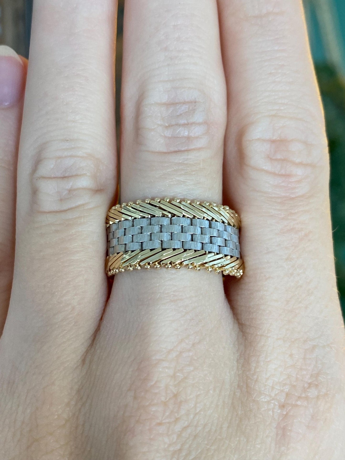 Vintage Solid 14k White & Yellow Gold Mesh Chain Wide Ring Band - Size 9.75