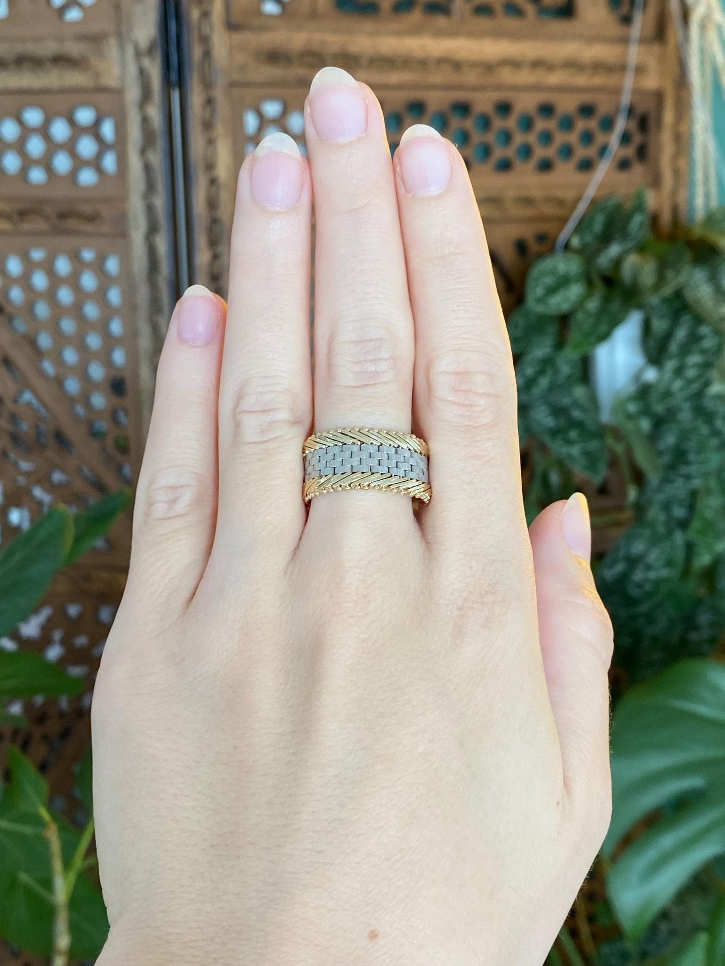 Vintage Solid 14k White & Yellow Gold Mesh Chain Wide Ring Band - Size 9.75