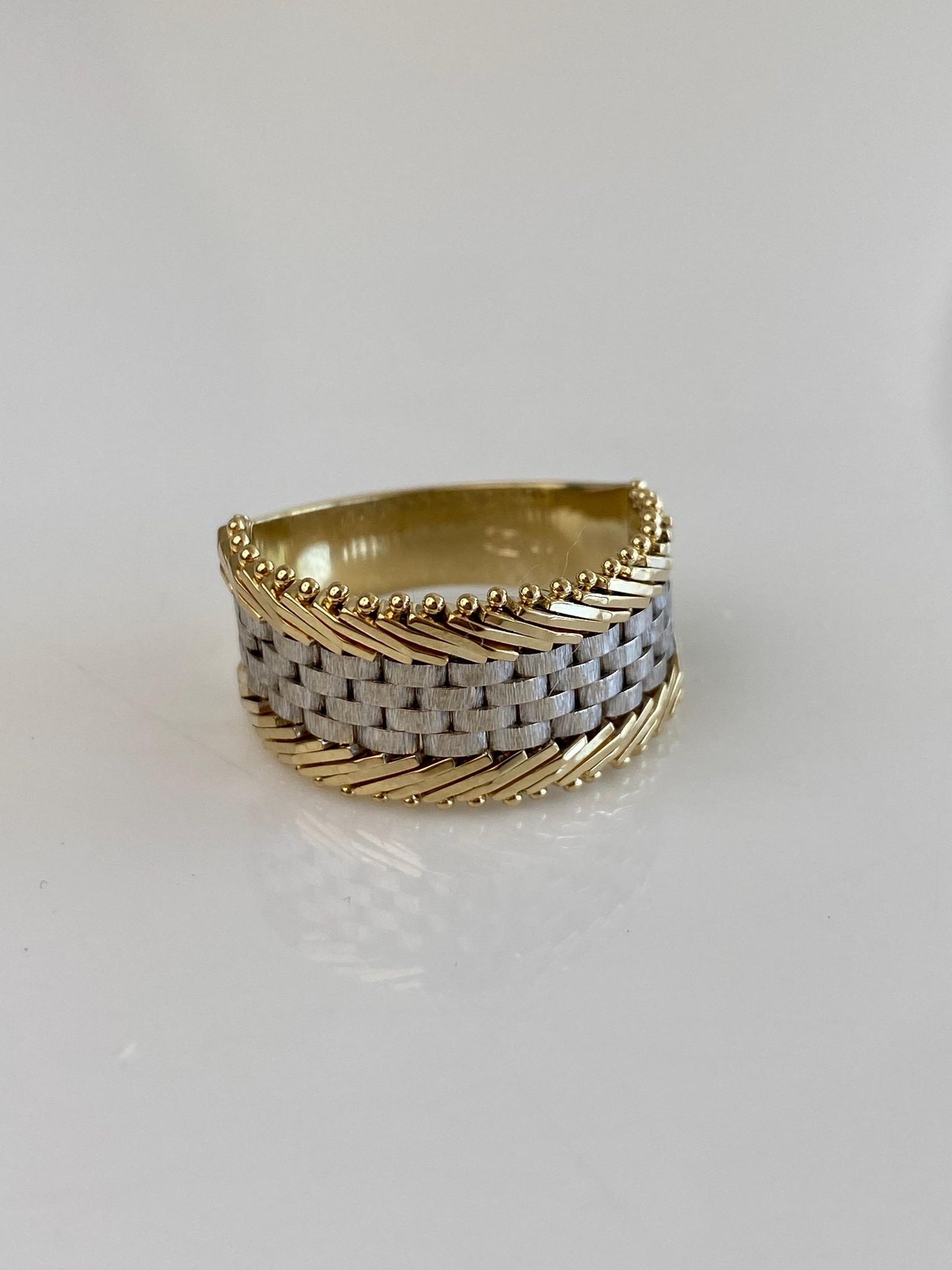 Vintage Solid 14k White & Yellow Gold Mesh Chain Wide Ring Band - Size 9.75