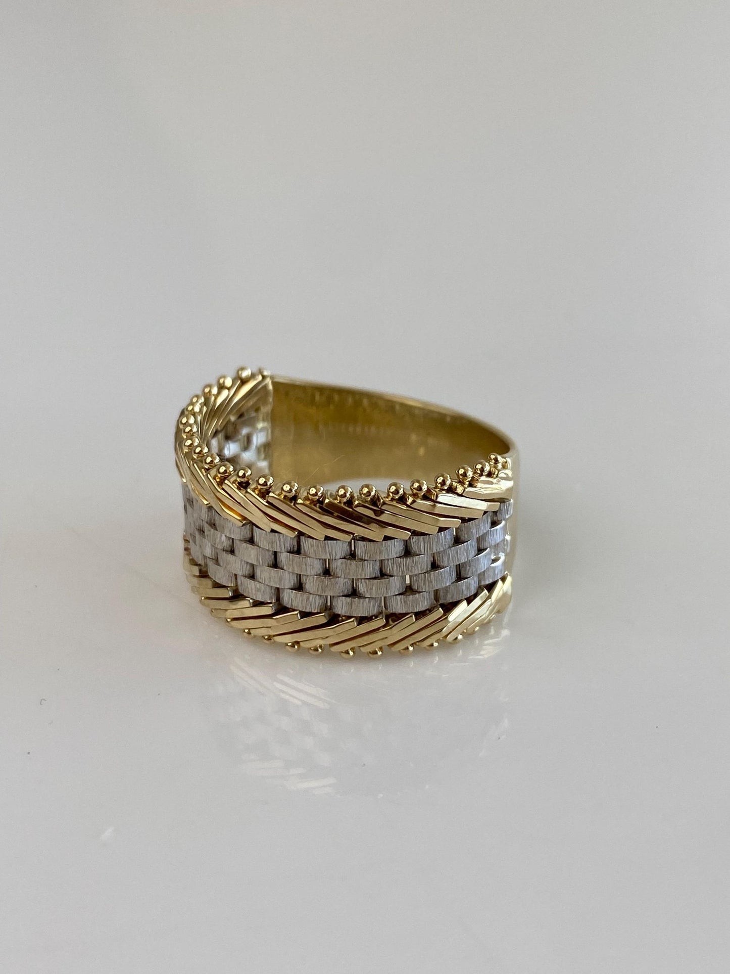 Vintage Solid 14k White & Yellow Gold Mesh Chain Wide Ring Band - Size 9.75