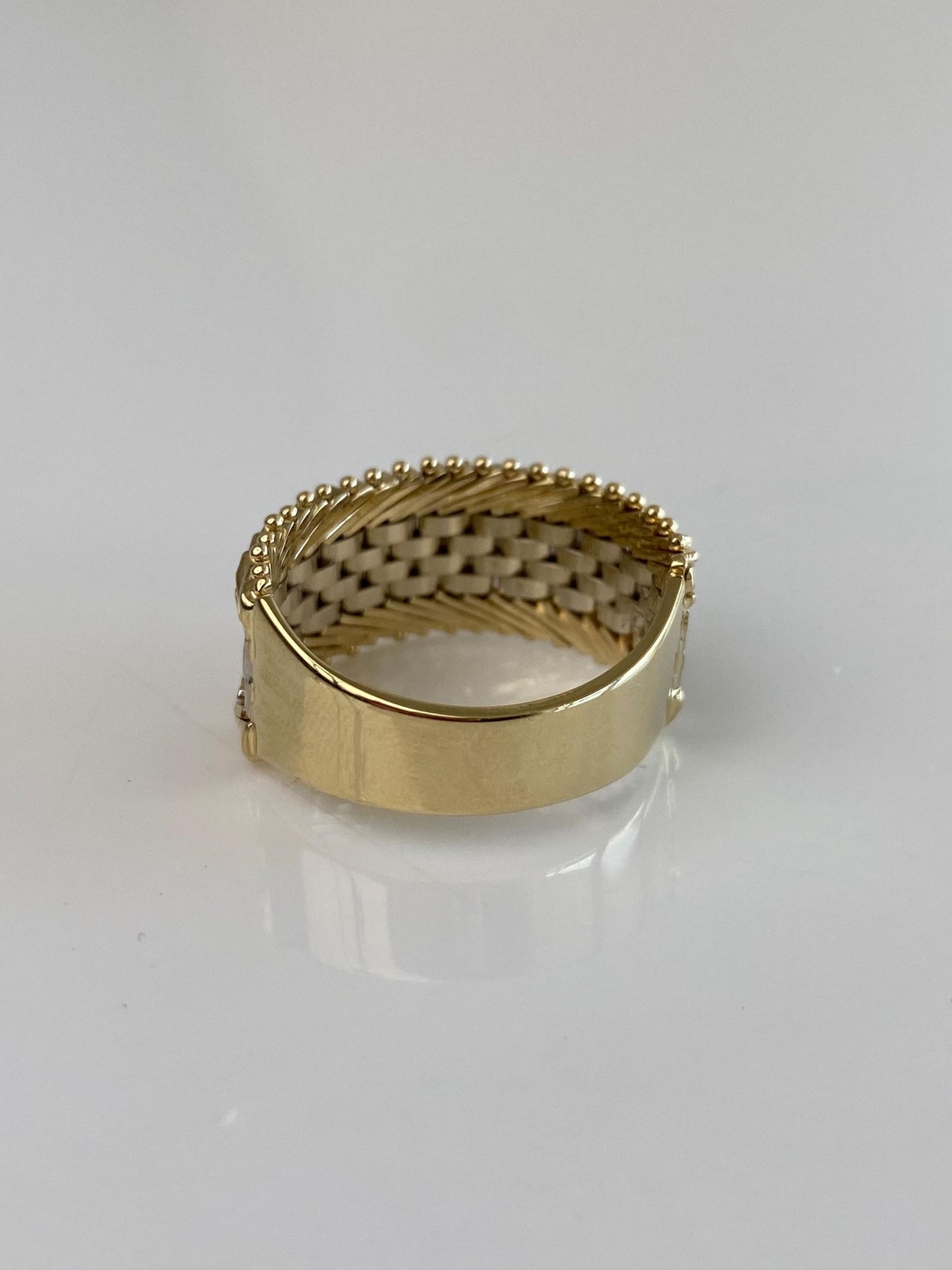 Vintage Solid 14k White & Yellow Gold Mesh Chain Wide Ring Band - Size 9.75