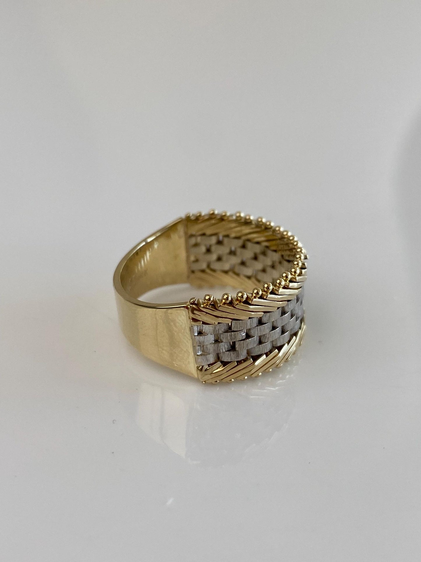 Vintage Solid 14k White & Yellow Gold Mesh Chain Wide Ring Band - Size 9.75