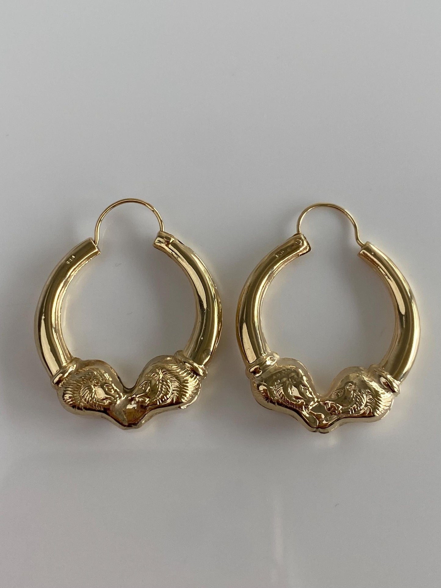 Vintage 14k Yellow Gold Lion Head Hoop Earrings