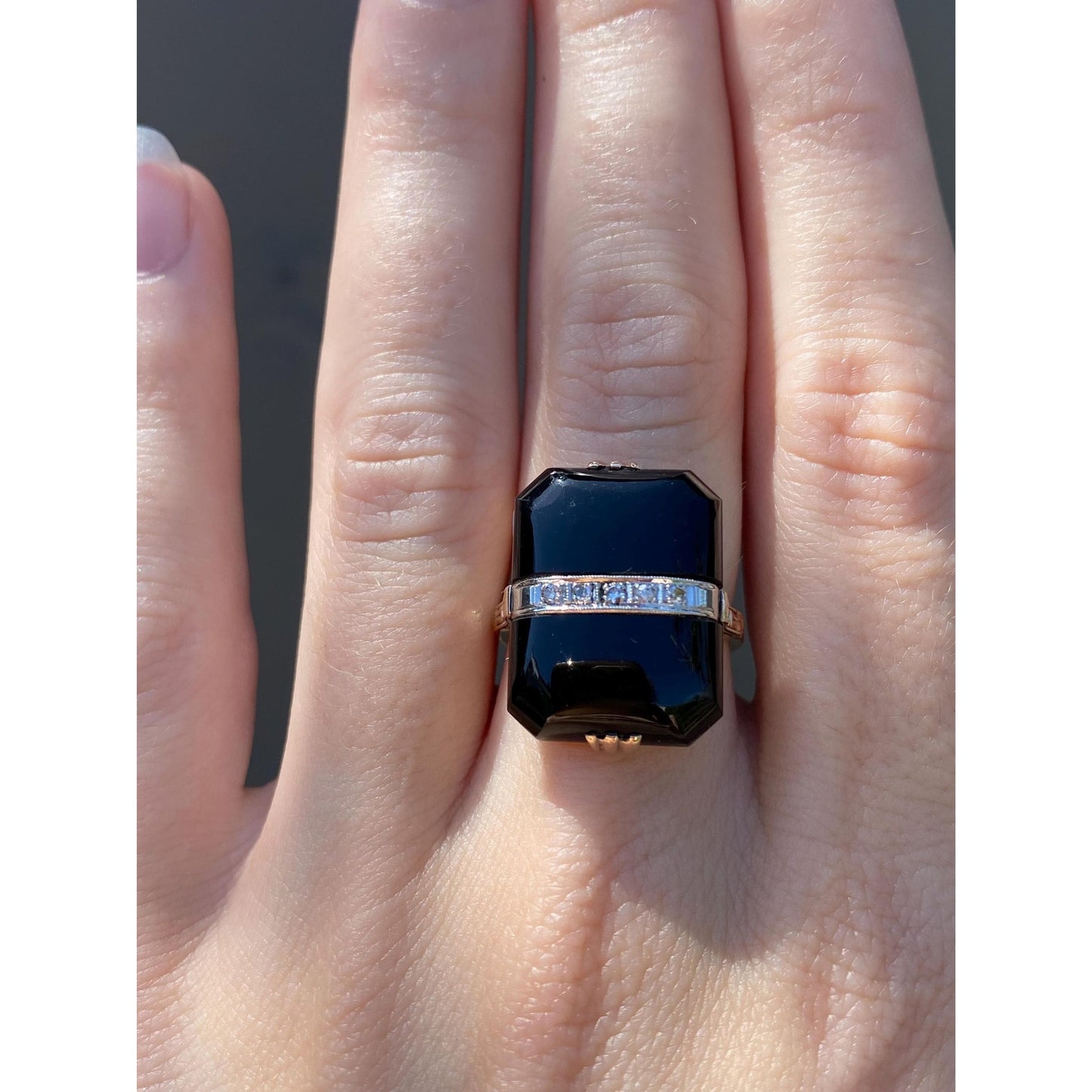 Vintage Solid 14k White & Yellow Gold Diamond Onyx Art Deco Ring - Size 6