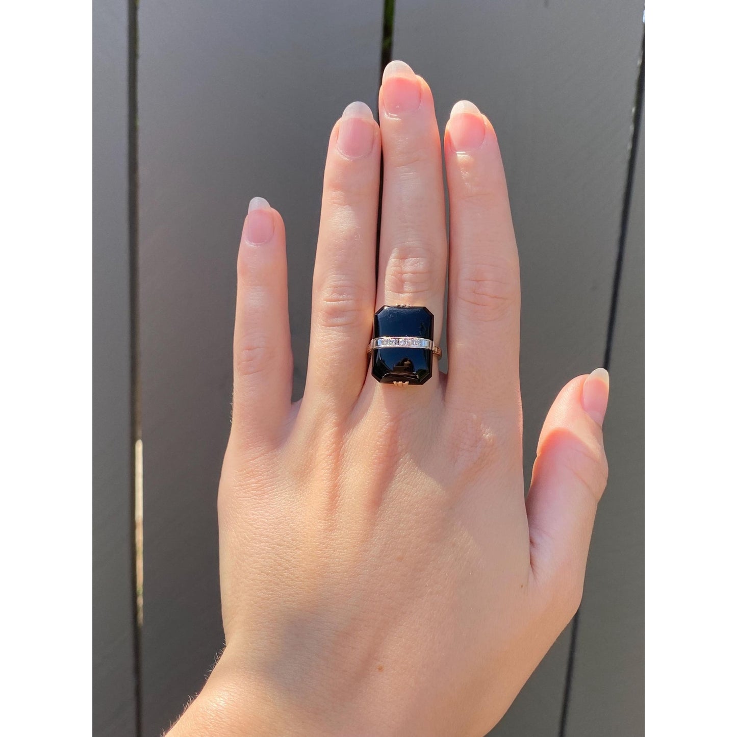 Vintage Solid 14k White & Yellow Gold Diamond Onyx Art Deco Ring - Size 6