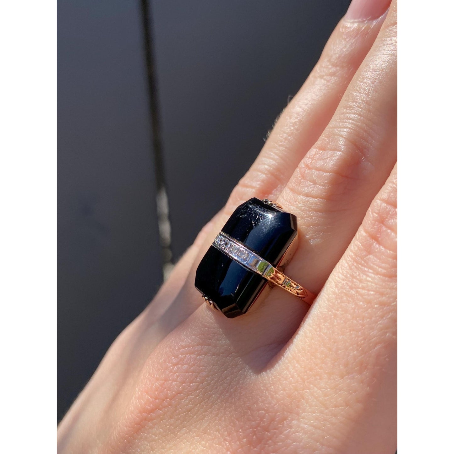 Vintage Solid 14k White & Yellow Gold Diamond Onyx Art Deco Ring - Size 6