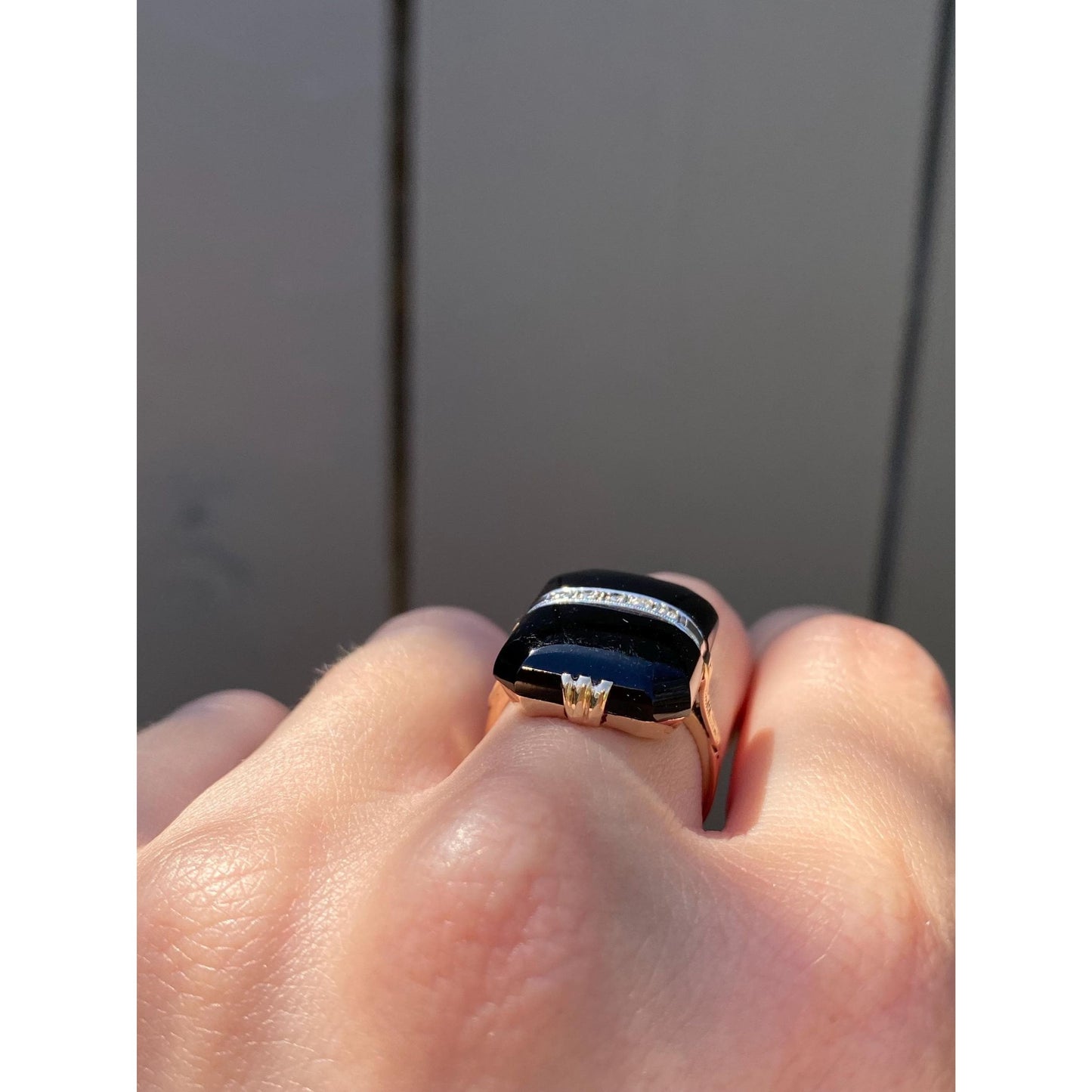 Vintage Solid 14k White & Yellow Gold Diamond Onyx Art Deco Ring - Size 6