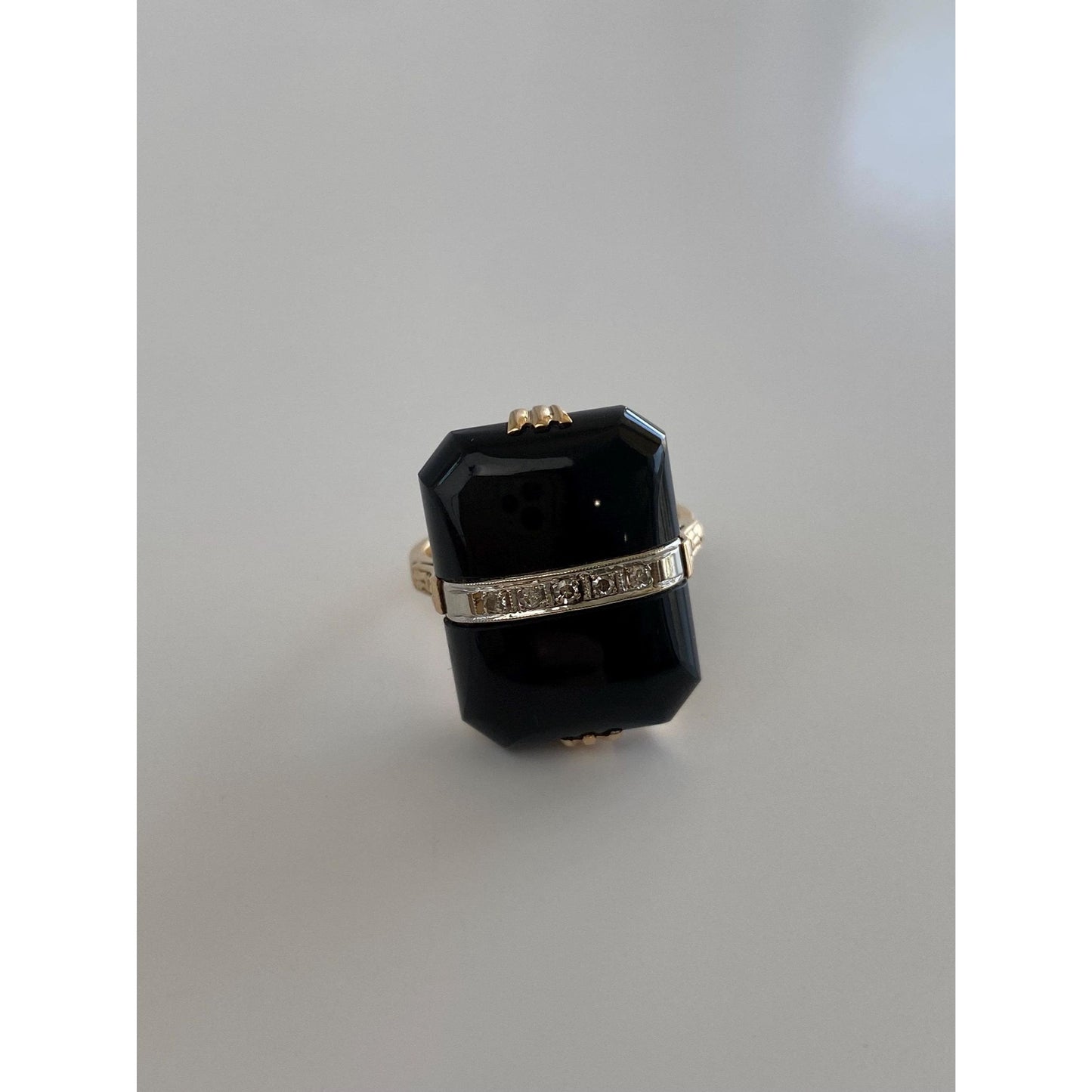 Vintage Solid 14k White & Yellow Gold Diamond Onyx Art Deco Ring - Size 6
