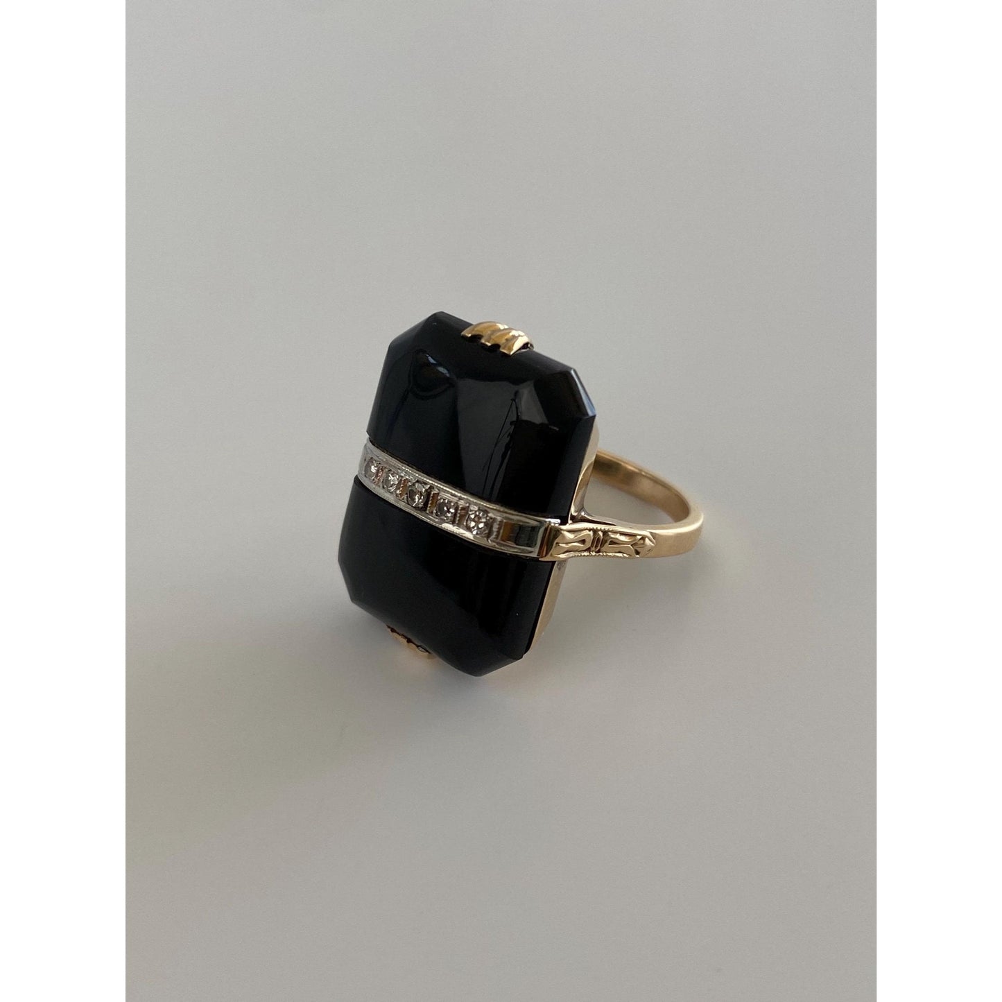 Vintage Solid 14k White & Yellow Gold Diamond Onyx Art Deco Ring - Size 6
