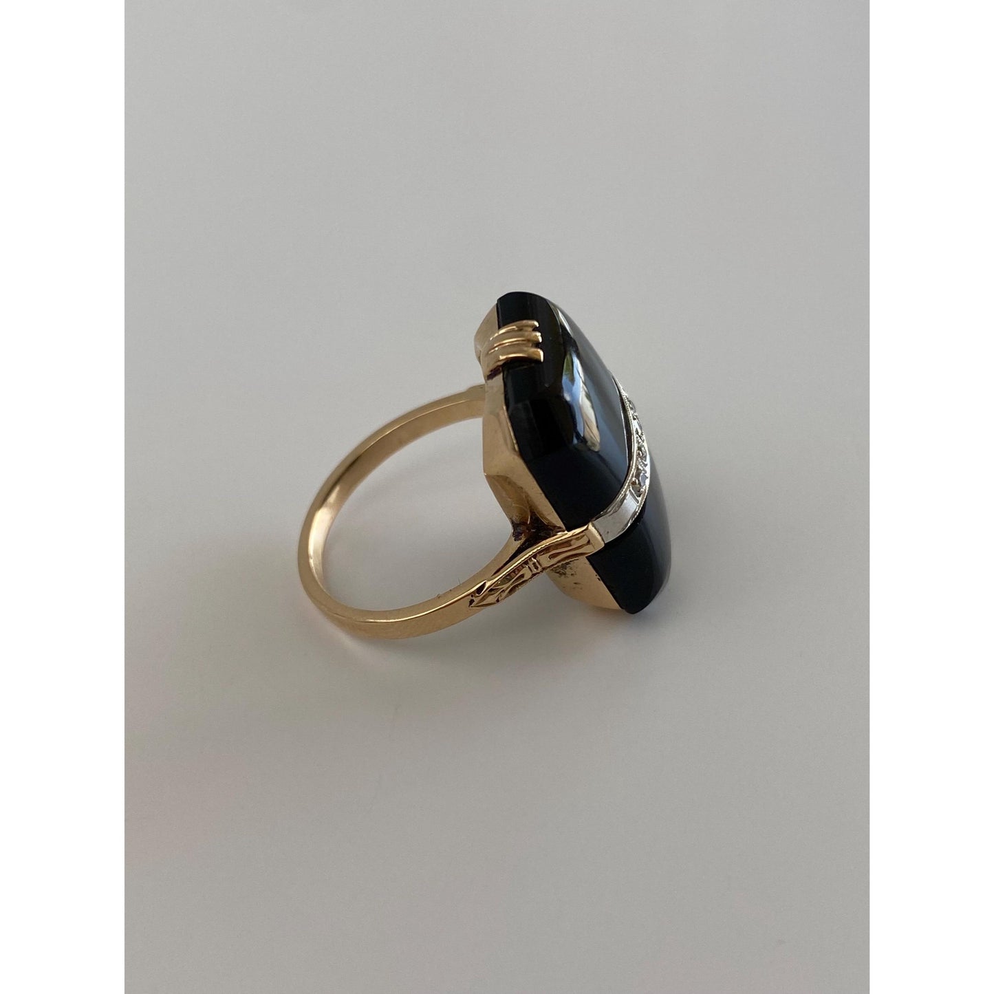 Vintage Solid 14k White & Yellow Gold Diamond Onyx Art Deco Ring - Size 6