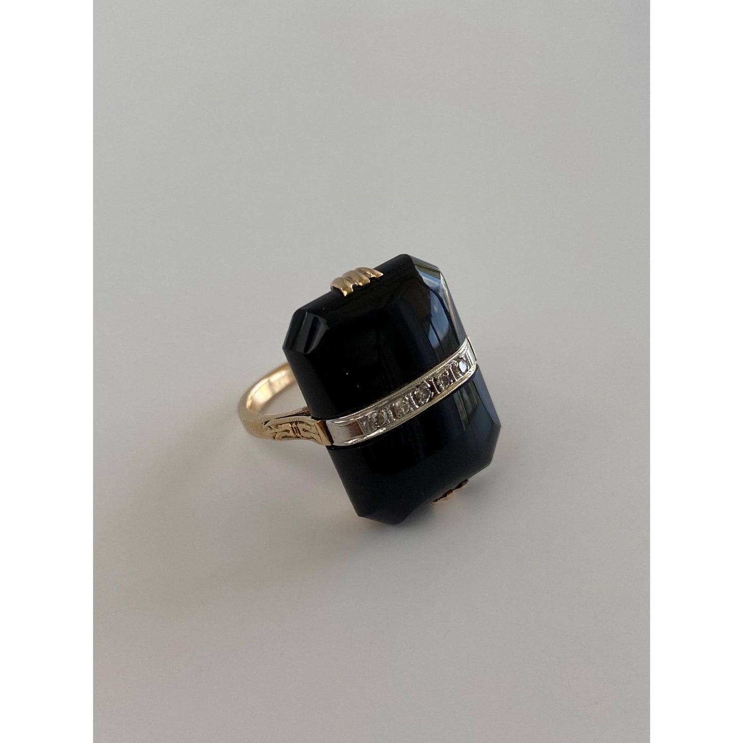 Vintage Solid 14k White & Yellow Gold Diamond Onyx Art Deco Ring - Size 6