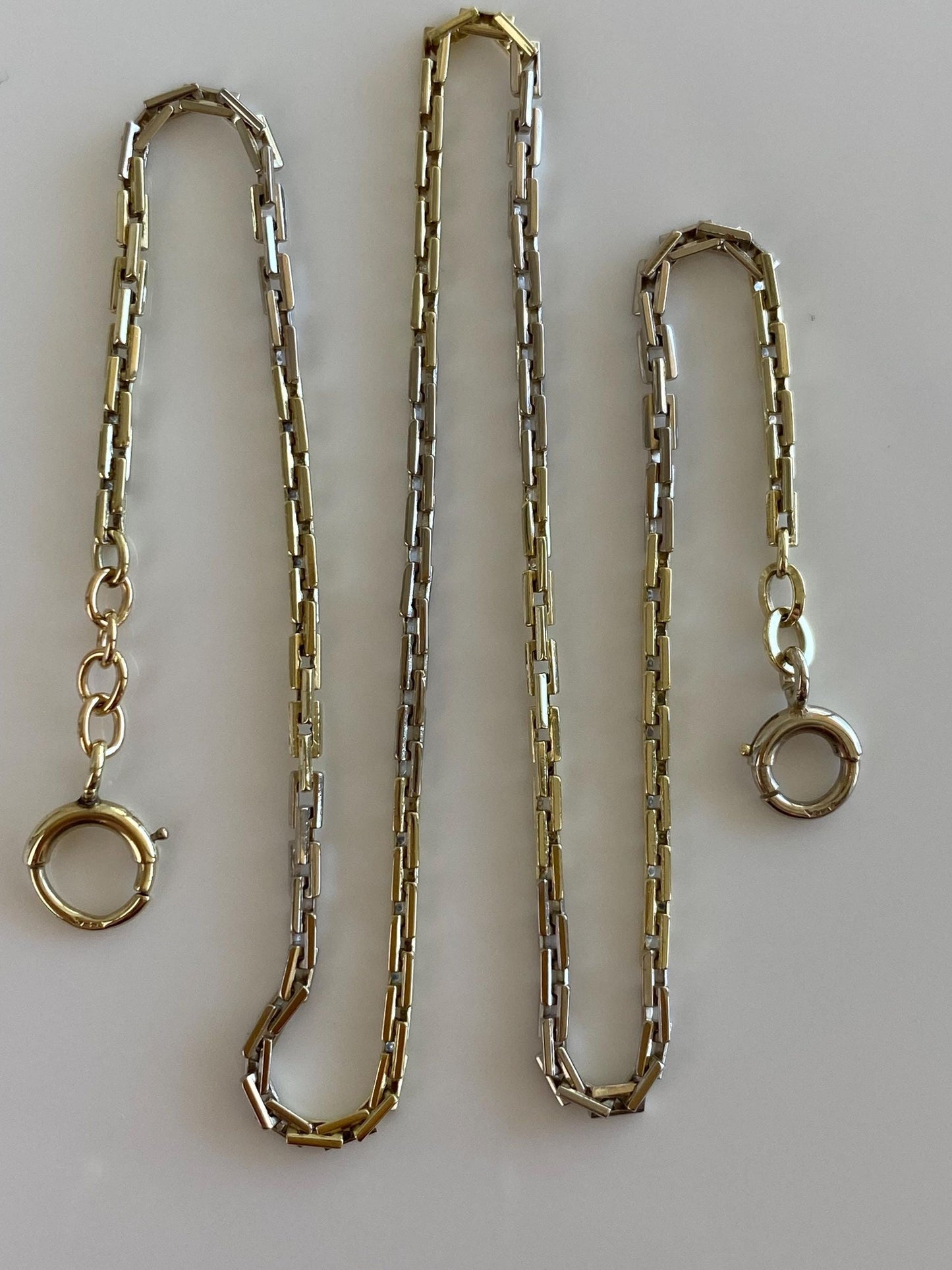 Vintage Solid 14k White & Yellow Gold Biker Link Pocket Watch Chain Necklace - 14 inches