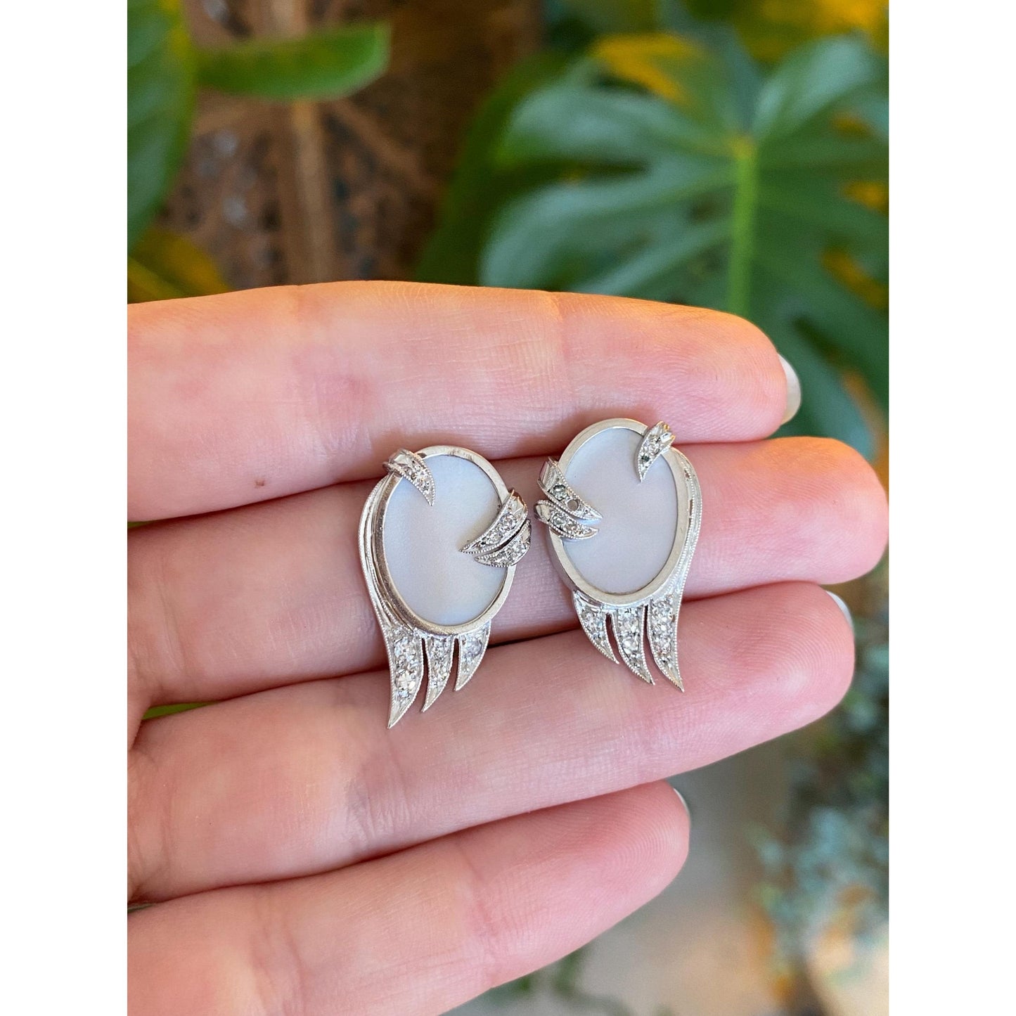 Solid Platinum Diamond Mother of Pearl Stud Earrings