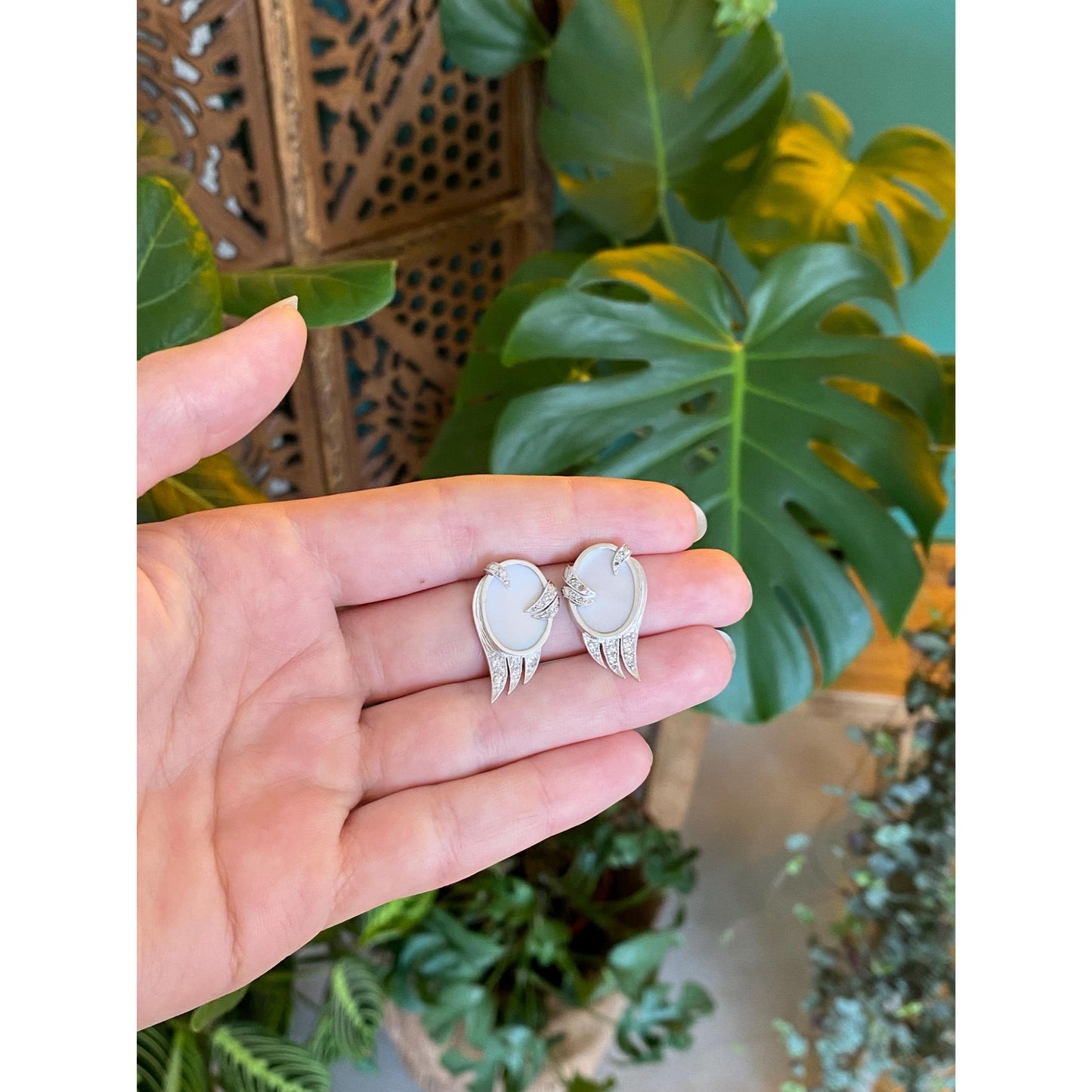 Solid Platinum Diamond Mother of Pearl Stud Earrings