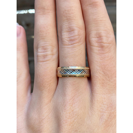 Vintage Solid 10k White & Yellow Gold Studded Texture Ring Band - Size 8