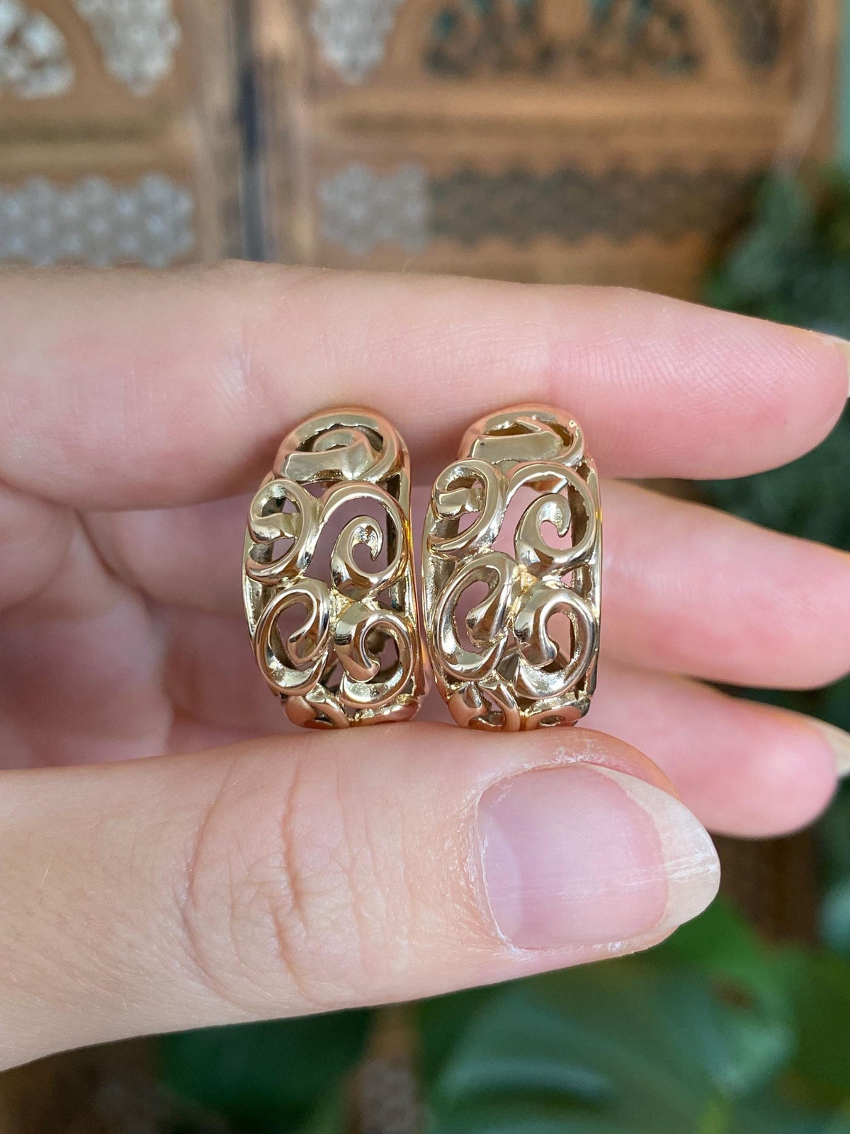 Vintage Solid 14k Rosey Gold Scroll Open Work Drop Stud Earrings